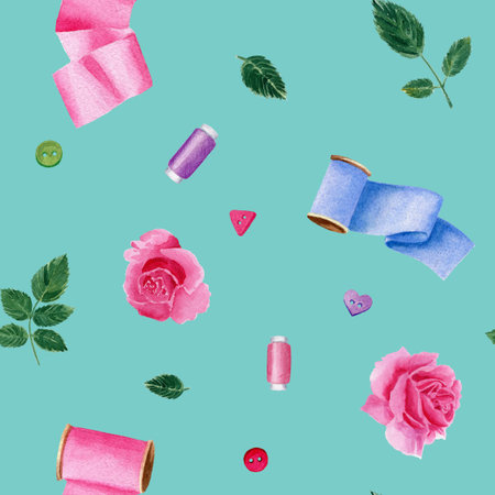 Seamless sewing pattern with ribbons, threads, pink roses and leaves. Bright watercolor hand drawn...