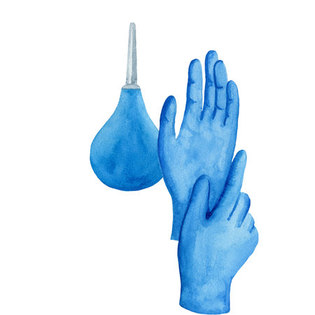 Protection medical gloves and enema against virus, flu and pollution. Hand drawn watercolor illustration isolated on the white background. Health care and surgical concept.の写真素材
