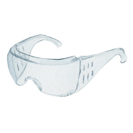 Protective plastic medical glasses against coronavirus, virus, flu and pollution. Hand drawn watercolor illustration isolated on the white background. Health care and surgical concept.の写真素材
