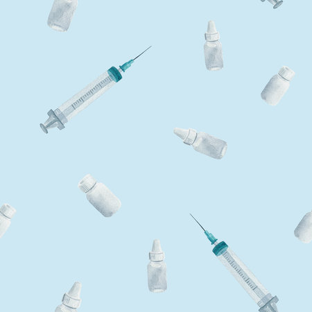 Seamless pattern with stethoscope, plaster, mask and bottles. Watercolor illustration isolated on blue background. For design of materials, textile, fabric, wrapping paper. Medical care concept.の写真素材