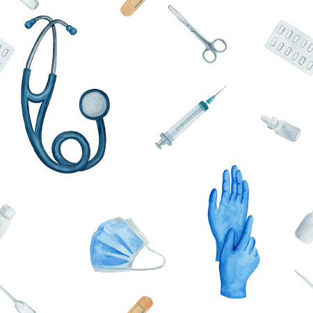 Seamless pattern with stethoscope, plaster, mask and bottles. Watercolor illustration isolated on white background. For design of materials, textile, fabric, wrapping paper. Medical care concept.の写真素材