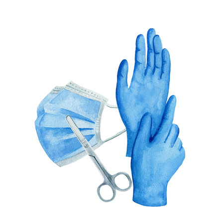 Protection medical face mask, medical gloves and scissors. Hand drawn watercolor illustration isolated on the white background, elements about pharmaceutics, hospital, doctor, hygiene products.の写真素材