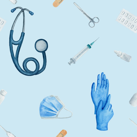 Seamless pattern with stethoscope, plaster, mask and bottles. Watercolor illustration isolated on blue background. For design of materials, textile, fabric, wrapping paper. Medical care concept.の写真素材