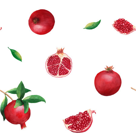 Seamless pattern with pomegranates, pieces and leaves. Handmade watercolor illustration on white background. For wrapping paper, textile, wallpaper, packaging, design, fabricの写真素材