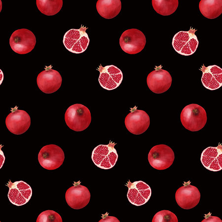 Seamless pattern with red pomegranates. Handmade watercolor illustration on black background. For wrapping paper, textile, wallpaper, packaging, design, fabricの写真素材