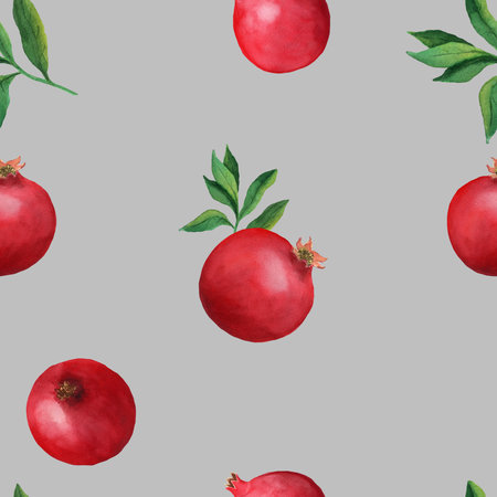 Seamless pattern with red pomegranates and leaves. Handmade watercolor illustration on gray background. For wrapping paper, textile, wallpaper, packaging, design, fabricの写真素材