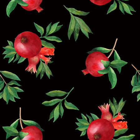 Seamless pattern with pomegranates, flowers and leaves. Handmade watercolor illustration on black background. For wrapping paper, textile, wallpaper, packaging, design, fabricの写真素材