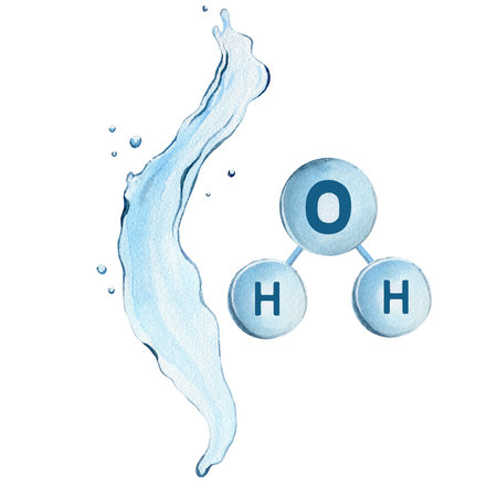 Stream and splash of water with chemical formula of water isolated on white background. Watercolor illustration for packaging icon, banner, logo, design, labels. Save the ocean. planet, ecologyの写真素材