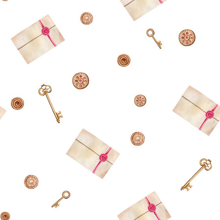 Seamless pattern with vintage keys, envelopes and buttons. Hand drawn watercolor illustration on white background for print, wrapping paper, textile, fabric, packaging, designの写真素材