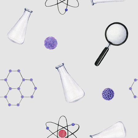 Seamless pattern with medicine flasks, viruses, crystal cell, magnifying glass, chemistry symbol. Watercolor illustration isolated on gray background for design, cards, business, medical articlesの写真素材