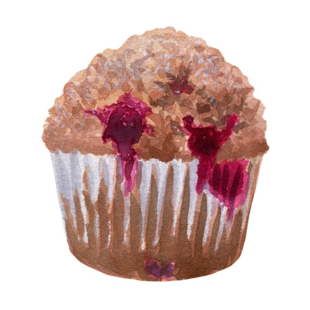 Muffin with cherry, lush pastries. Watercolor illustration isolated on white background for design, cards, postcards, menus, posters, business, decor, prints, invitationsの写真素材