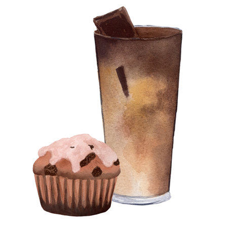 A glass of coffee with chocolate pieces and chocolate muffin. Watercolor illustration isolated on white background for design, cards, postcards, menus, posters, business, decor, printsの写真素材