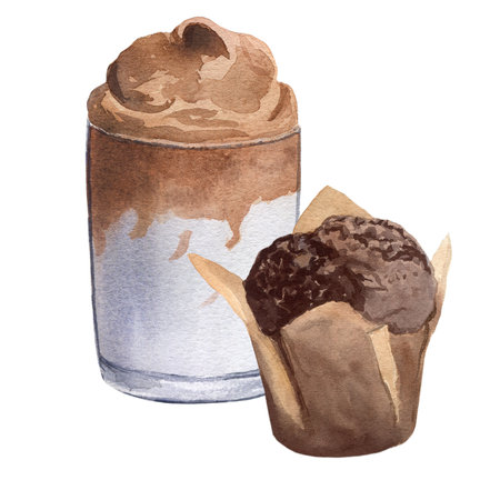 A glass of whipped coffee with chocolate muffin. Watercolor illustration isolated on white background for design, cards, postcards, menus, posters, business, decor, prints, invitationsの写真素材
