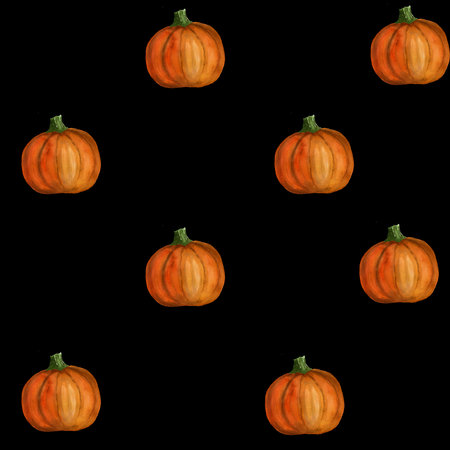 Seamless simple watercolor pattern with orange pumpkins. Handmade watercolor illustration on black background. For wrapping paper, textile, wallpaper, packaging, printing, fabric, postcardsの写真素材