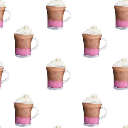 Seamless watercolor pattern with glasses of cherry latte. Handmade watercolor illustration on white background. For wrapping paper, textile, wallpaper, packaging, printing, fabric, postcardsの写真素材
