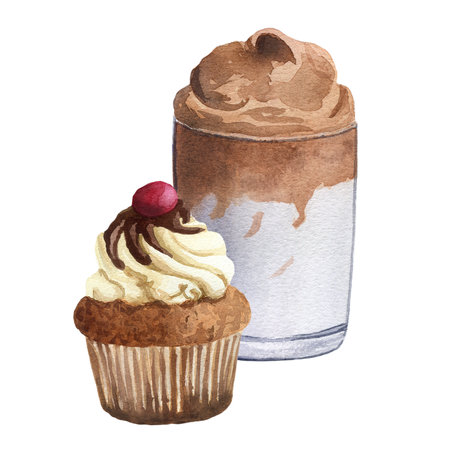 A glass of whipped coffee with cherry cupcake. Watercolor illustration isolated on white background for design, cards, postcards, menus, posters, business, decor, prints, invitationsの写真素材