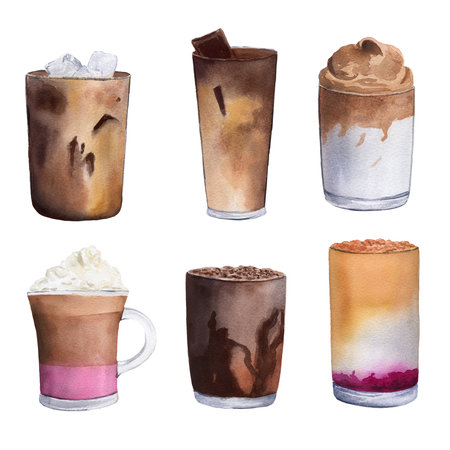 Set of six different coffee glasses. Watercolor illustration isolated on white background for design, cards, postcards, menus, posters, business, decor, prints, invitationsの写真素材