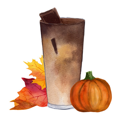 A glass of coffee with chocolate pieces, and maple leaves and pumpkin. Watercolor illustration isolated on white background for design, cards, postcards, menus, posters, business, decor, printsの写真素材