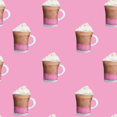 Seamless watercolor pattern with glasses of cherry latte. Handmade watercolor illustration on pink background. For wrapping paper, textile, wallpaper, packaging, printing, fabric, postcardsの写真素材