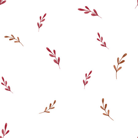 Childrens cute seamless pattern with pink sprigs. Handmade watercolor illustration on white background. For wrapping paper, textile, wallpaper, backgrounds, print, fabricの写真素材