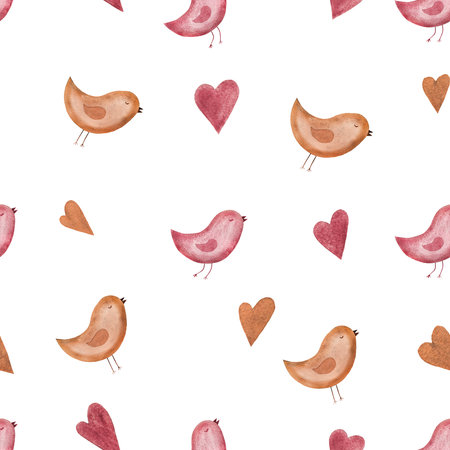 Childrens cute seamless pattern with pink and brown birds and hearts. Handmade watercolor illustration on white background. For wrapping paper, textile, wallpaper, backgrounds, print, fabricの写真素材