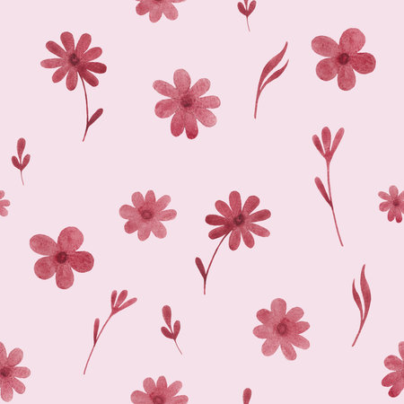 Childrens flower background with pink flowers and sprigs. Handmade watercolor illustration on pink background. For wrapping paper, textile, wallpaper, backgrounds, print, fabricの写真素材