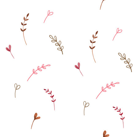 Childrens cute seamless pattern with pink and brown sprigs. Handmade watercolor and digital illustration on white background. For wrapping paper, textile, wallpaper, backgrounds, print, fabricの写真素材