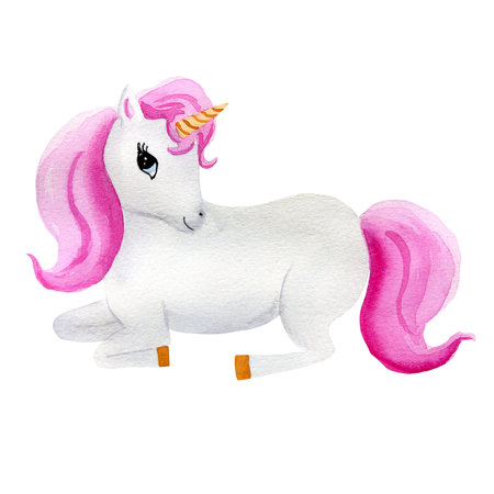Children's magic illustration - lying unicorn with pink hair. Hand drawn watercolor isolated illustrations on a white background. For postcards, labels, design, decor, posters, stickers.の写真素材