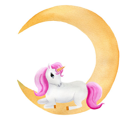 Children's magic illustration - unicorn with pink hair lying on the moon. Hand drawn watercolor isolated illustrations on a white background. For postcards, labels, design, decor, posters, stickers.の写真素材