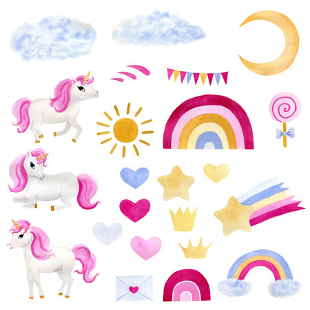 Children's magic elements - unicorn, rainbow, envelope, star, cloud, moon, sun, heart, flags, hand drawn watercolor isolated illustrations on a white background. For postcards, labels, design, decor.の写真素材