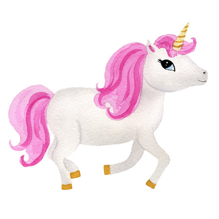 Children's magic illustration - running unicorn with pink hair. Hand drawn watercolor isolated illustrations on a white background. For postcards, labels, design, decor, posters.の写真素材