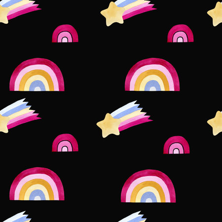Children's cute magic seamless pattern with rainbow and star. Handmade watercolor illustration on black background. For wrapping paper, textile, wallpaper, backgrounds, print, fabricの写真素材