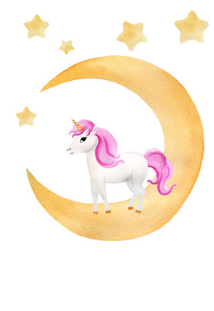 Children's cute magic poster with unicorn with pink hair on the moon and stars, hand-drawn watercolor illustration on white background. For cards, postcards, postersの写真素材