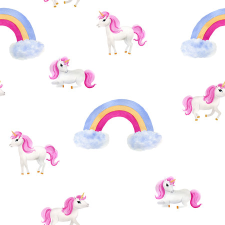 Children's cute magic seamless pattern with unicorn and rainbow. Handmade watercolor illustration on white background. For wrapping paper, textile, wallpaper, backgrounds, print, fabricの写真素材