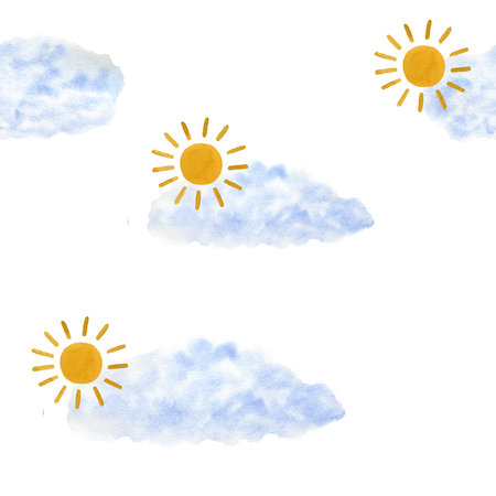 Children's cute seamless pattern with sun and cloud. Handmade watercolor illustration on white background. For wrapping paper, textile, wallpaper, backgrounds, print, fabricの写真素材