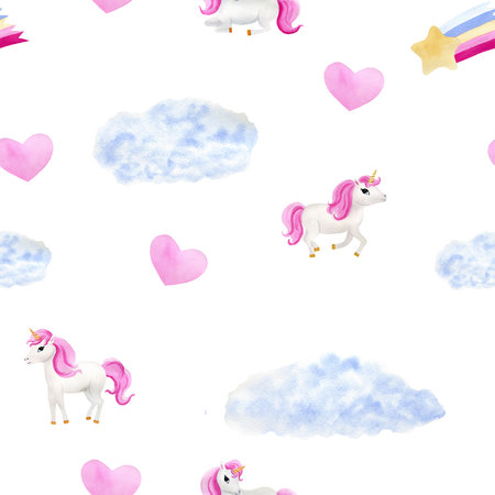 Children's cute magic seamless pattern with unicorn, cloud, heart and rainbow. Handmade watercolor illustration on white background. For wrapping paper, textile, wallpaper, backgrounds, print, fabricの写真素材