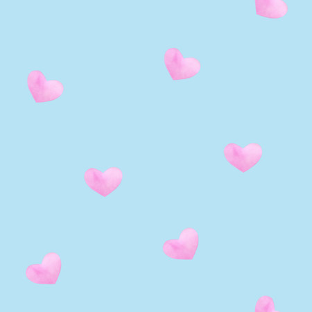 Seamless pattern with hand painted light pink hearts, isolated on blue background. Handmade watercolor illustration for girls. For wrapping paper, textile, wallpaper, packaging, fabric, printingの写真素材