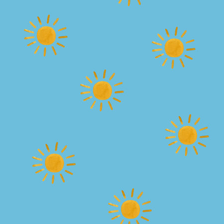 Children's cute seamless pattern with sun. Handmade watercolor illustration on blue background. For wrapping paper, textile, wallpaper, backgrounds, print, fabricの写真素材