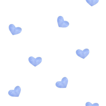 Seamless pattern with hand painted blue hearts, isolated on white background. Handmade watercolor illustration for girls. For wrapping paper, textile, wallpaper, packaging, fabric, printingの写真素材