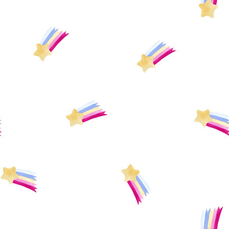 Children's cute magic seamless pattern with rainbow and star. Handmade watercolor illustration on white background. For wrapping paper, textile, wallpaper, backgrounds, print, fabricの写真素材