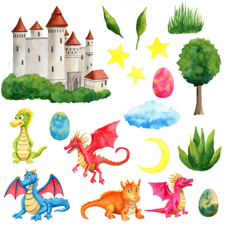 Set of mythical dragons from around the world in different poses, castle, eggs, tree, bush and grass, moon, cloud, tars, watercolor illustration on white background for postcards, greeting cardsの写真素材