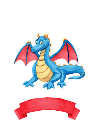 Blue sitting dragon with red ribbon for text on white background. Cute baby hand drawn watercolor illustration for birthday greeting cards, kid posters or baby shower designの写真素材