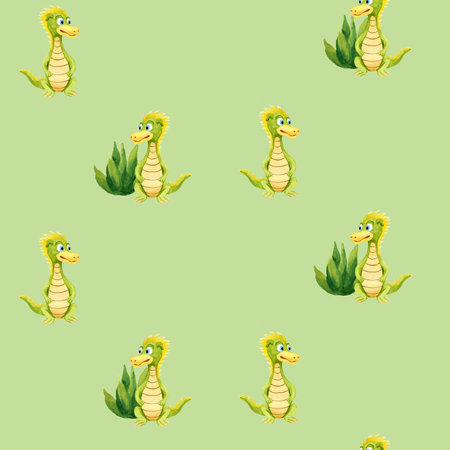 Seamless pattern with green bush and green dragon. Handmade watercolor illustration on green background. For wrapping paper, baby textile, wallpaper, backgrounds, print, fabric, designの写真素材