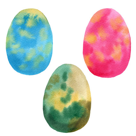 Set of three dragon eggs. Watercolor illustration on white background. For baby shower design, decor, for birthday greeting cards, kid posters, postcard, wrapping, invitations, posters, stickersの写真素材
