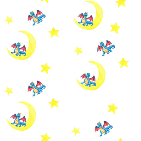 Seamless pattern with yellow moon and stars and blue dragon. Handmade watercolor illustration on white background. For wrapping paper, baby textile, wallpaper, backgrounds, print, fabric, designの写真素材
