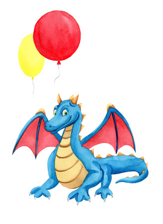 Blue dragon with red wings sitting with yellow and red hellium balloons on white background. Cute baby hand drawn watercolor illustration for birthday greeting cards, kid posters or baby showerの写真素材
