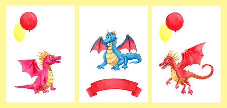 Set of three greeting cards with dragons with red ribbon for text and balloons on white background. Cute baby hand drawn watercolor illustration for birthday greeting cards or baby shower designの写真素材