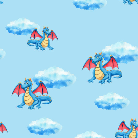 Seamless pattern with blue dragon with red wings and clouds. Hand drawn watercolor illustration on blue background. For wrapping paper, textile, wallpaper, packaging, printing, fabric, clothesの写真素材