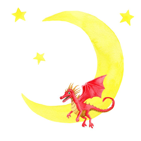 Red dragon on crescent and stars. Watercolor illustration on white background. For baby shower design, decor, for birthday greeting cards, kid posters, postcards, wrapping, invitations, stickersの写真素材