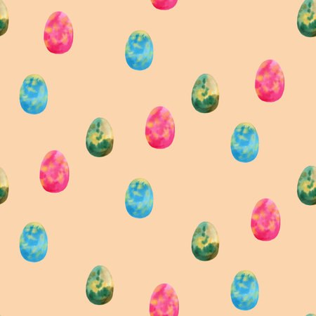 Seamless pattern with pink, blue and green dragon eggs. Handmade watercolor illustration on pink background. For wrapping paper, baby textile, wallpaper, backgrounds, print, fabric, designの写真素材